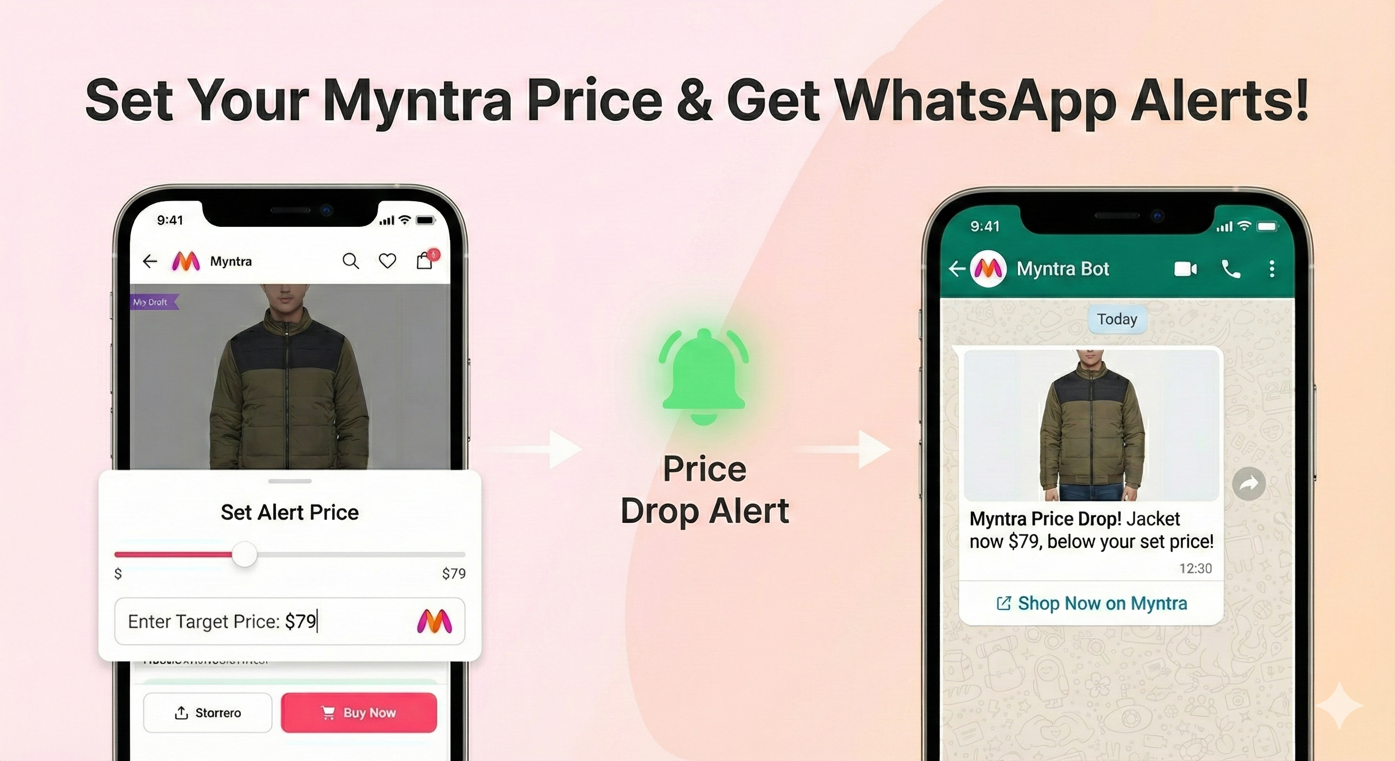 WhatsApp notification showing price drop alert for a fashion product